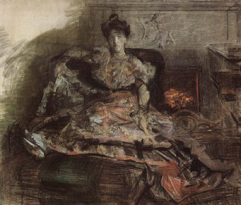 Mikhail Vrubel Arter the concert:nadezhda zabela-Vrubel by the fireplace wearing a dress designed by the artist Germany oil painting art